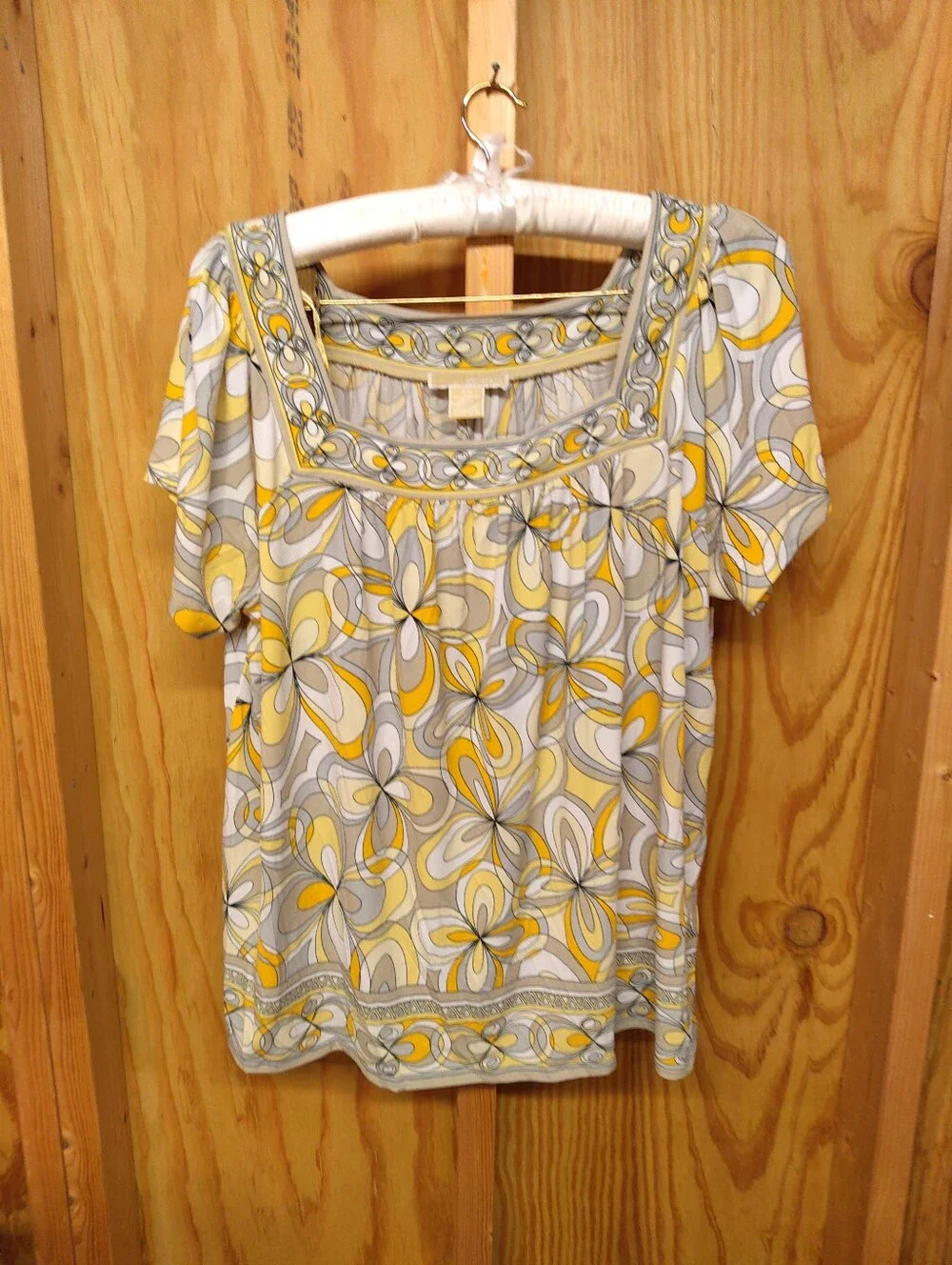 MICHAEL Michael Kors 2X Floral Geometric Square Neck Blouse Yellow Grey Mod